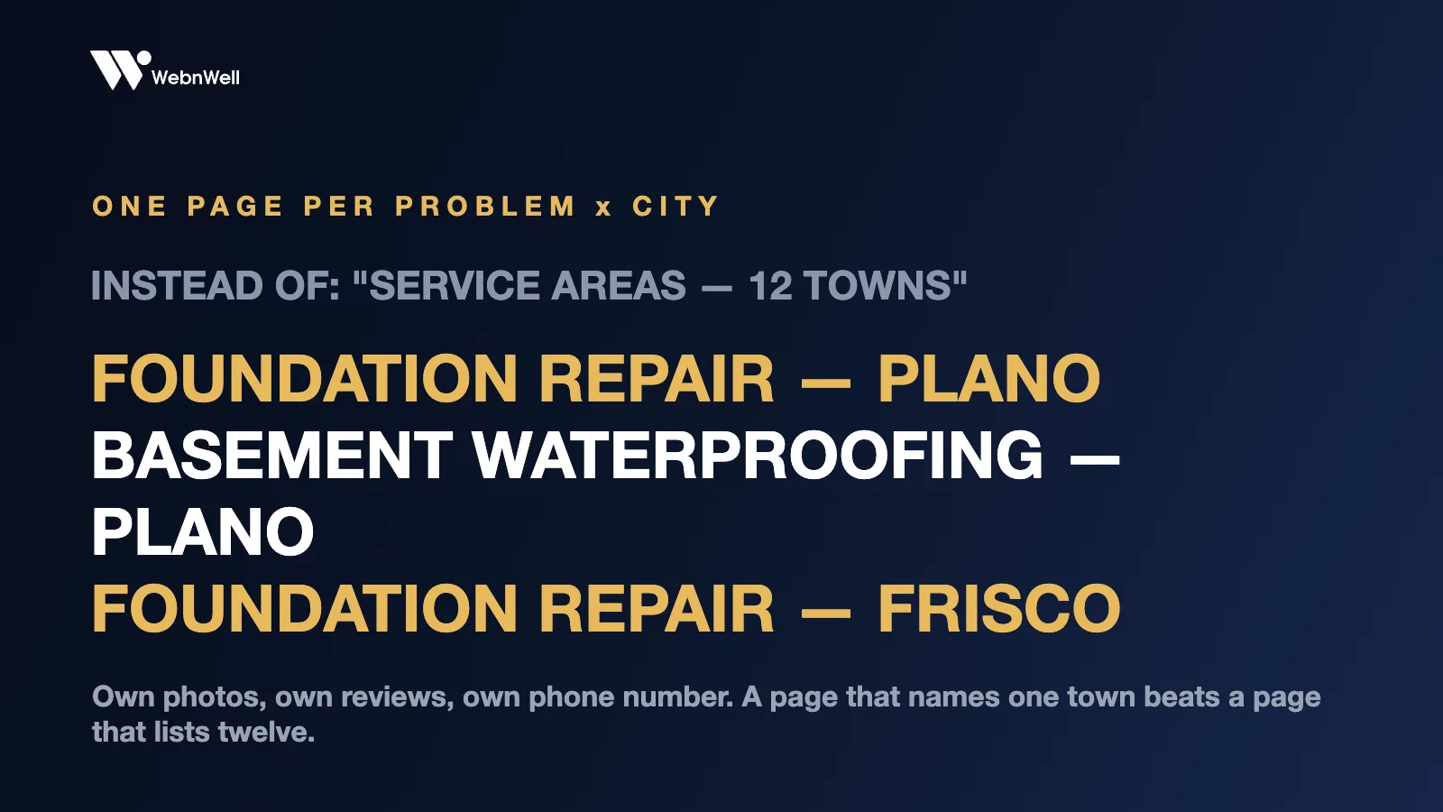Page structure for contractor SEO: a separate page for each service and city combination instead of one services page listing every town
