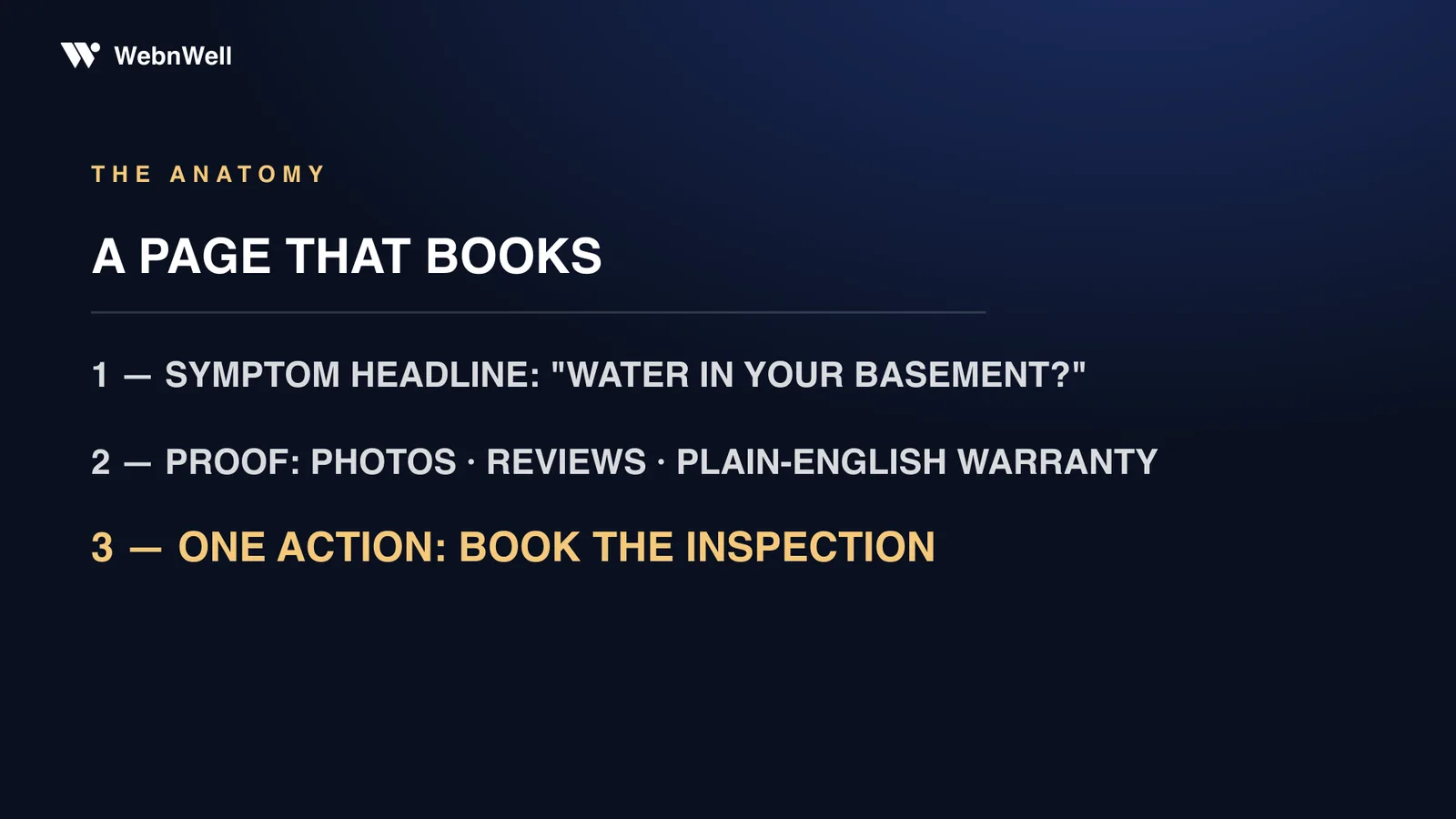 The anatomy of a page that books: a symptom headline like 'Water in your basement?', proof — photos, reviews, plain-English warranty — and one action: book the inspection